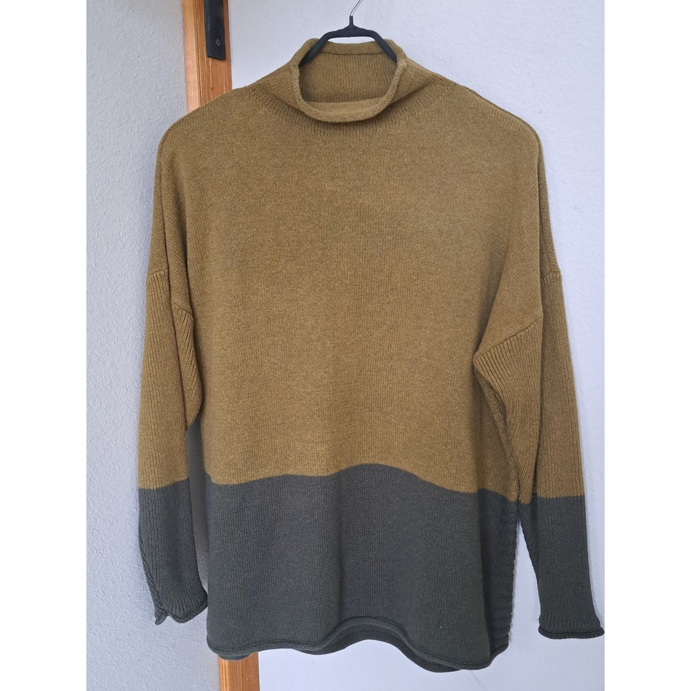 Tahari Womens 2X Colorblock Turtleneck Sweater Mustard Gold Green Knit Pullover